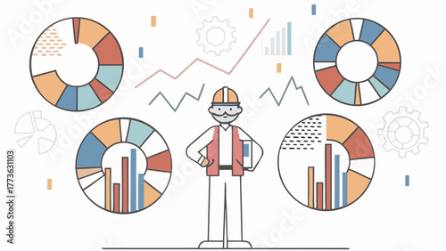 Engineer overseeing data analysis with charts and graphs representing project progress and performance metrics