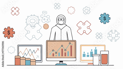 Scientist analyzing financial data and market trends with advanced technology and research tools