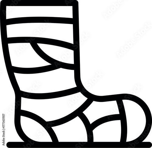 Elastic medical bandage is covering injured foot providing compression and support, promoting healing