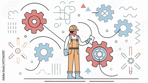 A skilled worker in protective gear analyzes complex mechanical systems with interconnected gears and abstract elements