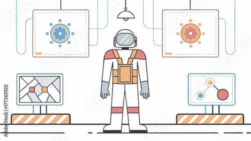 Astronaut in a futuristic laboratory surrounded by advanced technology and data displays