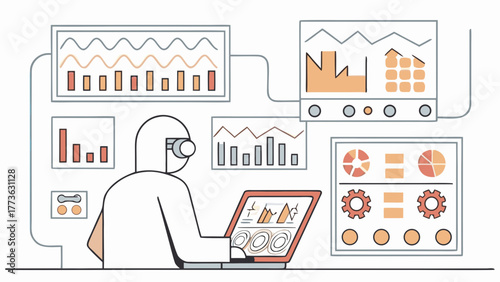 A scientist in a protective suit analyzes complex data visualizations on multiple screens and a laptop
