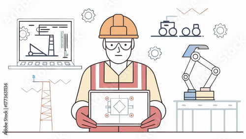 Engineer holding a tablet with a blueprint surrounded by industrial equipment and technology symbols