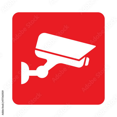 Security camera icon on red, video surveillance CCTV sign. Surveillance camera, monitoring, home safety protection system. Fixed CCTV security camera icon vector template design. EPS 10.
