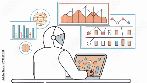 A person in a hazmat suit analyzing complex data visualizations on multiple screens and a laptop