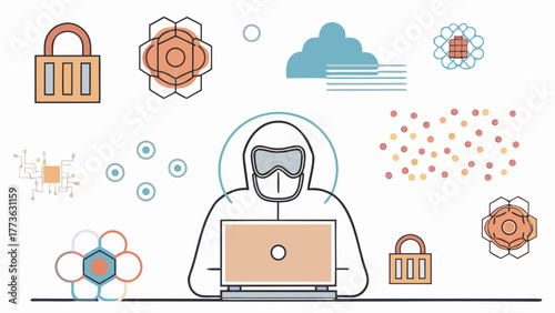 Cybersecurity concept illustration of a hacker in a protective suit using a laptop surrounded by digital security icons and data elements