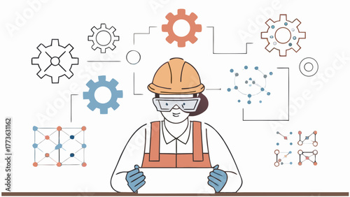 Engineer with hard hat and goggles surrounded by gears and scientific diagrams representing innovation and problem solving