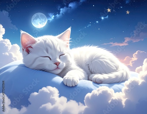 Cute White Kitten Sleeping Peacefully on a Cloud Under a Full Moon Night Sky