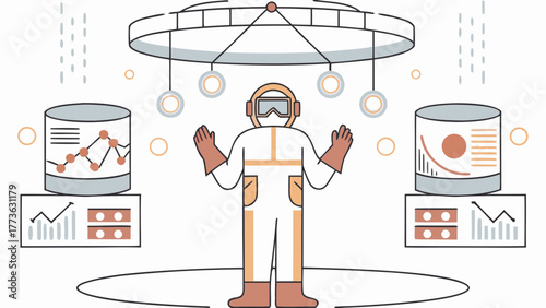Scientist in hazmat suit analyzes data and graphs under futuristic circular apparatus