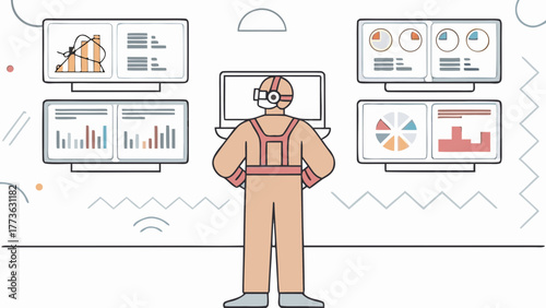 Person wearing vr headset analyzing multiple data dashboards showing charts and graphs on screens