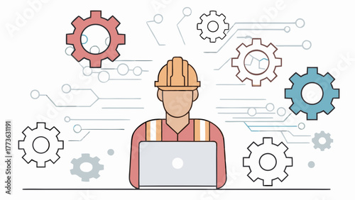 Engineer with hard hat and laptop interacting with digital gears and circuitry