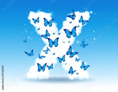 Letter X Made of Fluffy White Clouds with Blue Butterflies Flying Around Against Bright Blue Sky