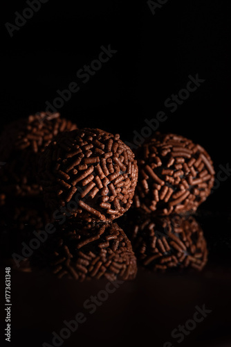 Traditional Brazilian brigadeiros chocolate truffles with chocolate sprinkles 