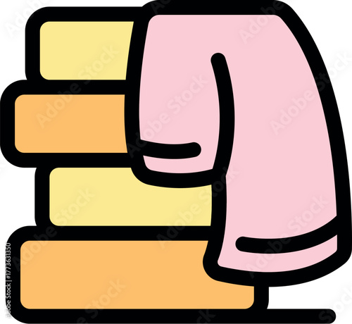 Clean pink towel hanging on a stack of folded towels, ready for use in bathroom or spa