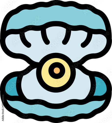 Open oyster containing pearl, simple icon of seashell with precious gem inside, marine life concept