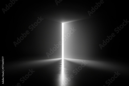 Soft light emitting from vertical slit in black wall, high contrast, minimalist composition
