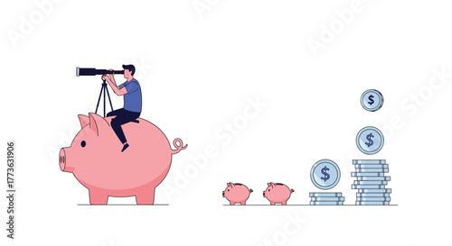 A person sits atop a piggy bank, using a telescope to foresee future financial opportunities, symbolizing strategic investment planning and steady wealth growth through savings.