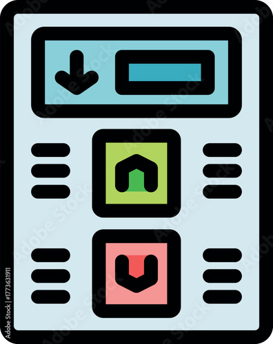 Elevator control panel displaying current floor, up and down buttons, and directional arrow indicating movement
