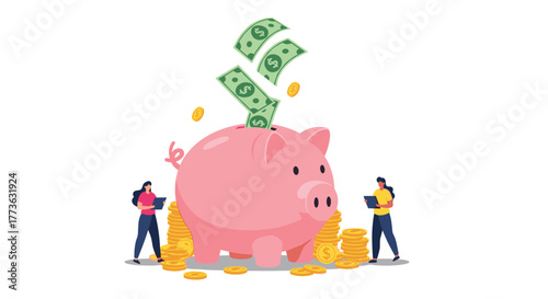 Saving and investing money concept with a large pink piggy bank collecting dollar bills and coins, while two individuals oversee financial management.