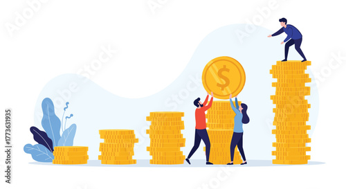 A team collaboratively builds growing stacks of golden coins, symbolizing financial growth, investment, and wealth management through collective effort.