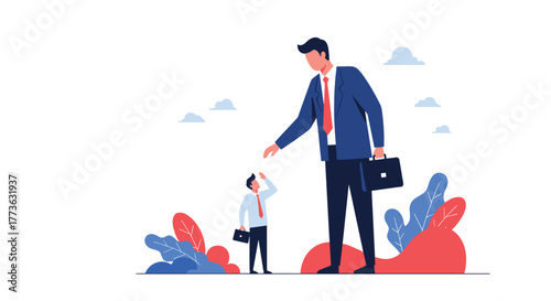 A giant businessman in a suit reaches a hand out towards a much smaller businessman looking up at him, depicting concepts of business hierarchy, support, or intimidation.