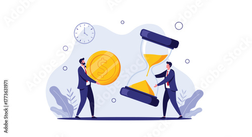 Two businessmen demonstrate the value of time and money, with one holding a large dollar coin and the other managing an hourglass, symbolizing investment and financial management.