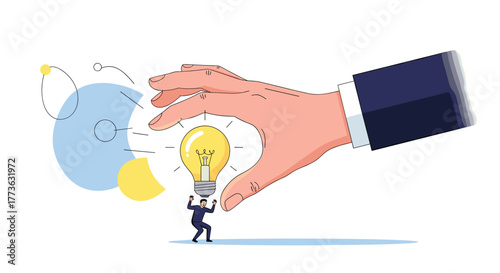 A powerful hand attempts to take a bright lightbulb idea from a small struggling businessman, symbolizing intellectual property appropriation or corporate dominance.