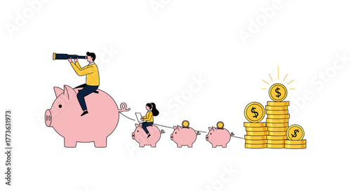 A man on a large piggy bank with a telescope guides a woman on a smaller piggy bank and a trail of savings towards towering stacks of gold coins.