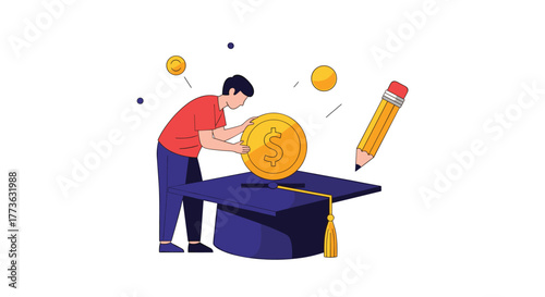 A person places a large golden dollar coin on a graduation cap, symbolizing investment in education, financial planning for college, and the cost of academic achievement.
