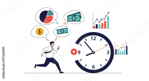 A businessman rushes, multitasking on his phone, driven by thoughts of money, investments, and financial growth, all under the pressure of ticking time.