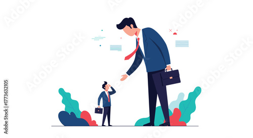 A giant businessman reaches out to a confused tiny businessman, symbolizing power imbalance, mentorship, or an overwhelming challenge in the corporate world.