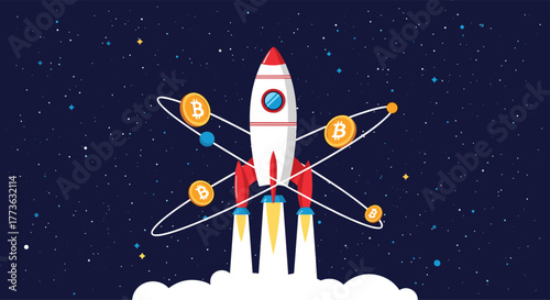 A stylized rocket launching into a star-filled space, surrounded by orbiting Bitcoin symbols and atomic elements, representing cryptocurrency growth and financial innovation.