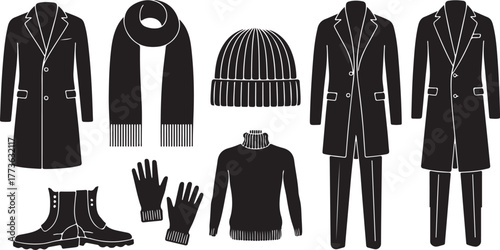 Collection of Silhouette Winter Clothing Icons for Men Including Coats Scarves Hats Gloves Boots and Sweaters