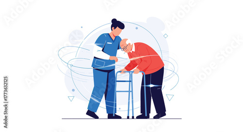 A compassionate healthcare professional assists an elderly man using a walker, symbolizing dedicated senior support and personalized medical attention.