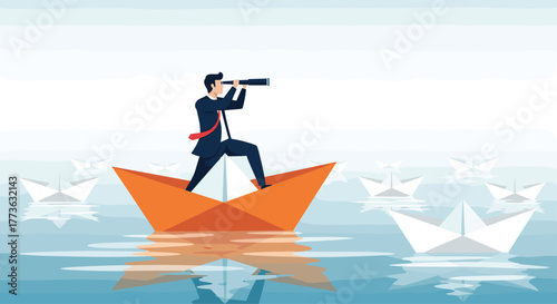 A visionary leader in an orange paper boat scans the horizon with a telescope, navigating through surrounding white boats, embodying foresight and strategic decision-making.