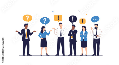 Diverse business professionals engage in a group discussion, asking questions, sharing insights, expressing doubts, and actively listening during a collaborative meeting.