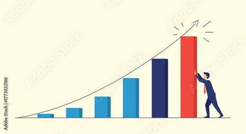 A determined businessman pushes the final bar of a growth chart higher, symbolizing sustained effort and strategic action for achieving greater business success and upward trend.