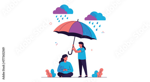 A compassionate person holding a colorful umbrella over another individual sitting below, symbolizing protection, support, and care during challenging times.
