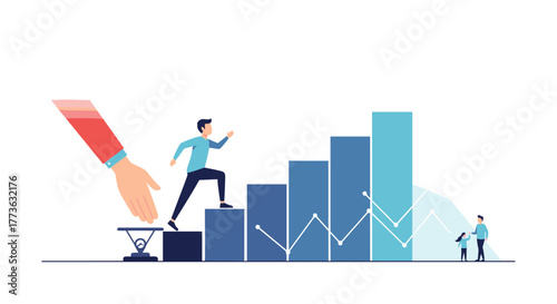 A dedicated individual progresses up a growing bar chart, symbolizing personal and business advancement, aided by a supportive hand, with financial market data in the background.
