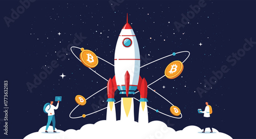 Rocket launching amidst orbiting Bitcoin coins, symbolizing the rapid growth, innovation, and technological advancement in the cryptocurrency and blockchain industry.