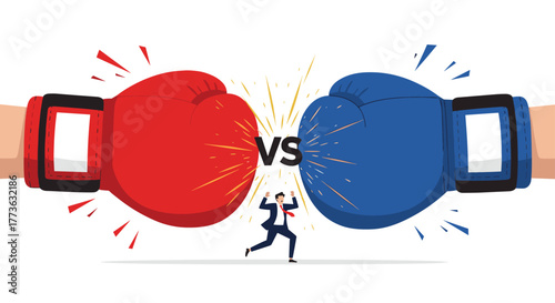 A businessman cheers enthusiastically as large red and blue boxing gloves collide with a 'VS' symbol, representing intense competition, conflict, or a significant challenge.