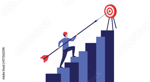 A person in a hard hat is climbing a staircase made of growing bar charts while holding a large arrow pointing towards a bullseye target, symbolizing career advancement and achieving business goals.