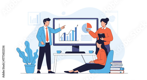 Three colleagues actively engage in a productive business meeting, interpreting graphs and charts on a large monitor while one works on a laptop.