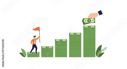 A determined individual climbs a staircase of growing money stacks towards financial success, symbolizing investment, savings, and wealth accumulation.