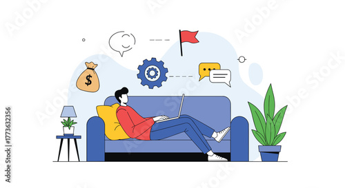 A man comfortably works from his couch on a laptop, surrounded by icons symbolizing money, goals, and communication for his online business or remote job.