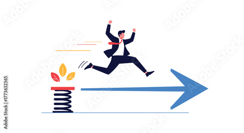 Happy businessman with arms raised, triumphantly leaping over a spring-loaded obstacle, utilizing a boost to accelerate his journey towards a goal represented by a large arrow.