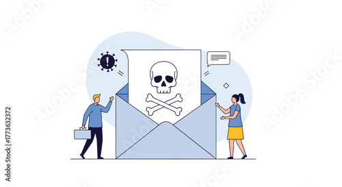 People unveil a dangerous message with a skull and crossbones from an envelope, illustrating a cybersecurity threat, phishing scam, or malware, with a virus alert icon.