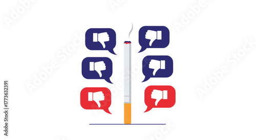 A burning cigarette is surrounded by multiple speech bubbles with thumbs-down icons, symbolizing widespread disapproval and negative public opinion towards smoking and its health risks.