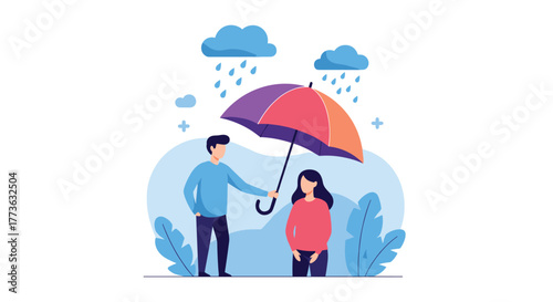 Man offering an umbrella to a woman during a rain shower, illustrating concepts of care, protection, and emotional support in difficult situations.