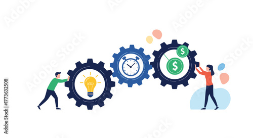 Business professionals work together to power a gear mechanism, illustrating the journey from initial innovative concepts to profitable financial outcomes.
